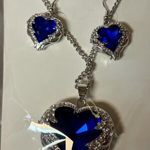 Silver-Tone Necklace and Earrings Set with Deep Blue Heart Stones